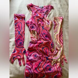 Vibrant Swirl Pattern Dress with Matching Gloves